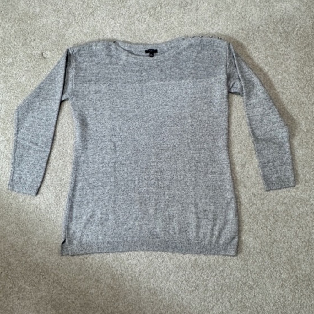 Talbots Gray Knit Sweater Boat Neck 3/4 Sleeves Button Trim  Size Medium PETITE